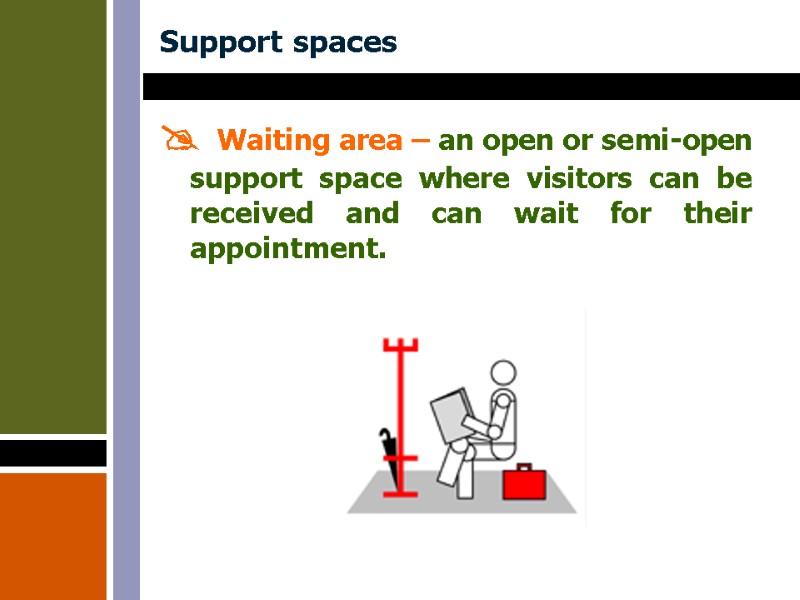 Support spaces  Waiting area – an open or semi-open support space where visitors